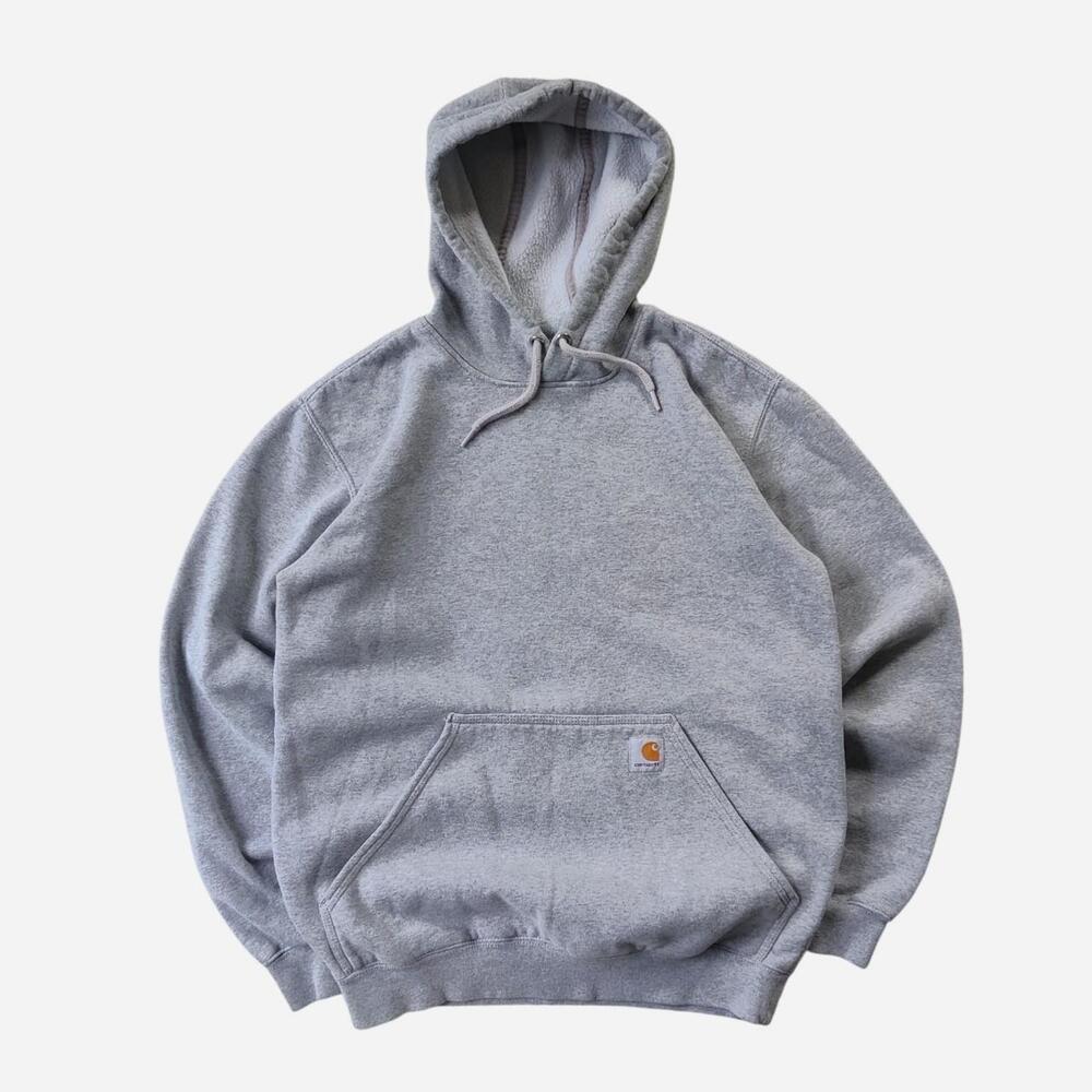 Gray Carhartt loose fit hoodie with white 'Lineage' text and logo